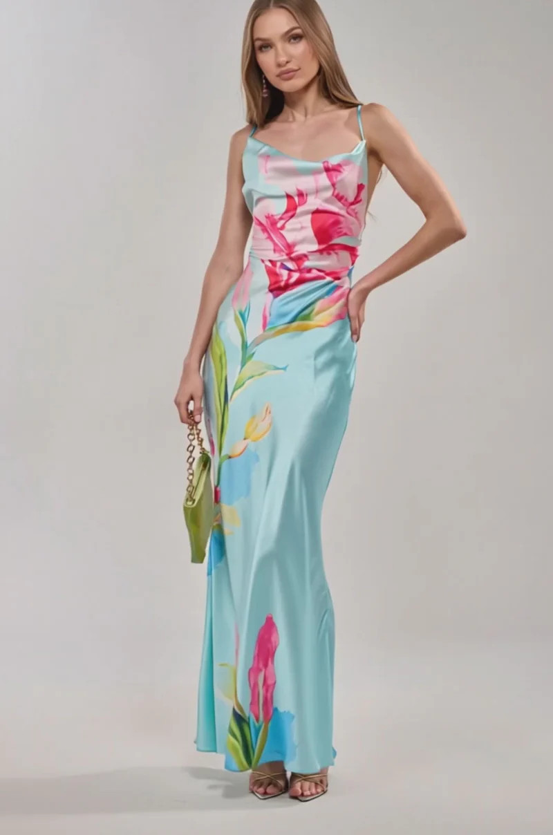 THE MAIN EVENT FLORAL SATIN MAXI DRESS | AKIRA