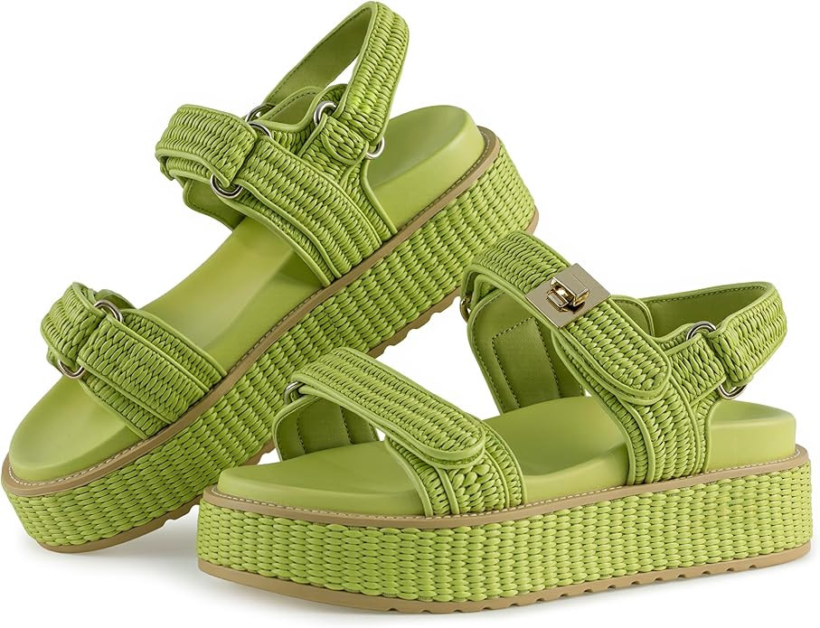 VARECOLA Women’s Platform Sandals, Raffia Comfortable Chunky Flat Woven Sandals Open Toe Shoes ... | Amazon (US)