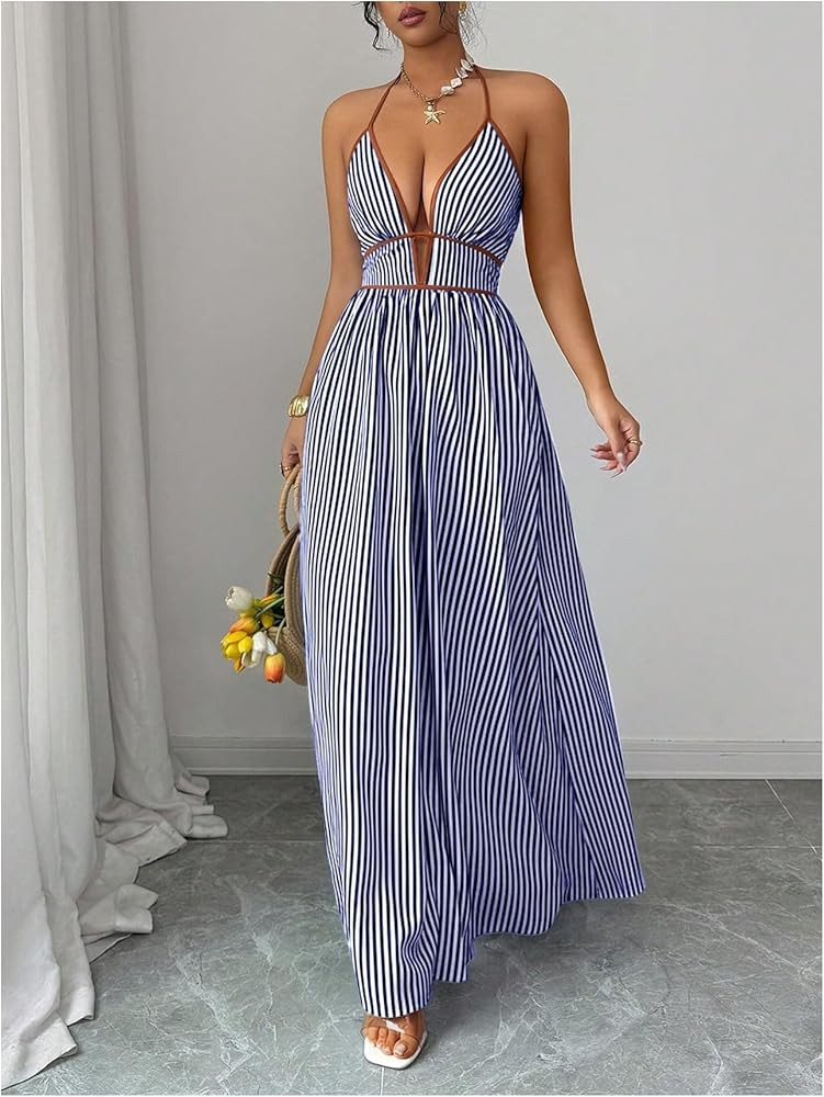 Floerns Women's Striped Halter Maxi Dress Backless Smocked Beach Vacation Boho Dress | Amazon (US)