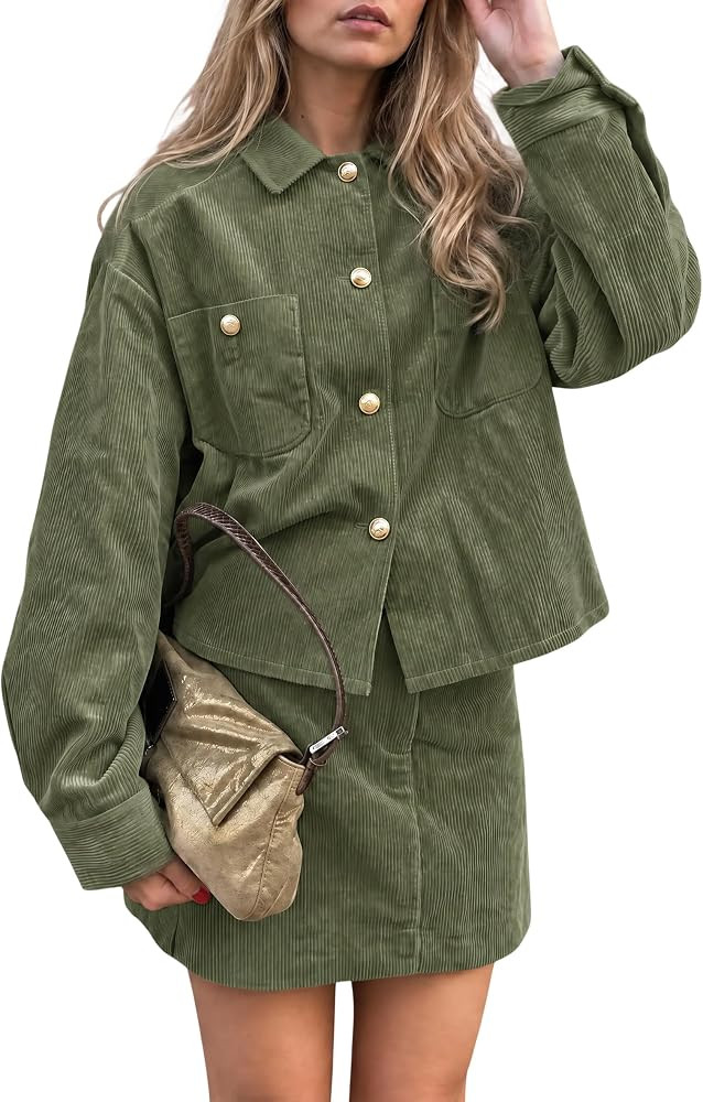 Tankaneo Womens Corduroy 2 Piece Skirt Set Button Down Shacket Mini Skirt | Amazon (US)