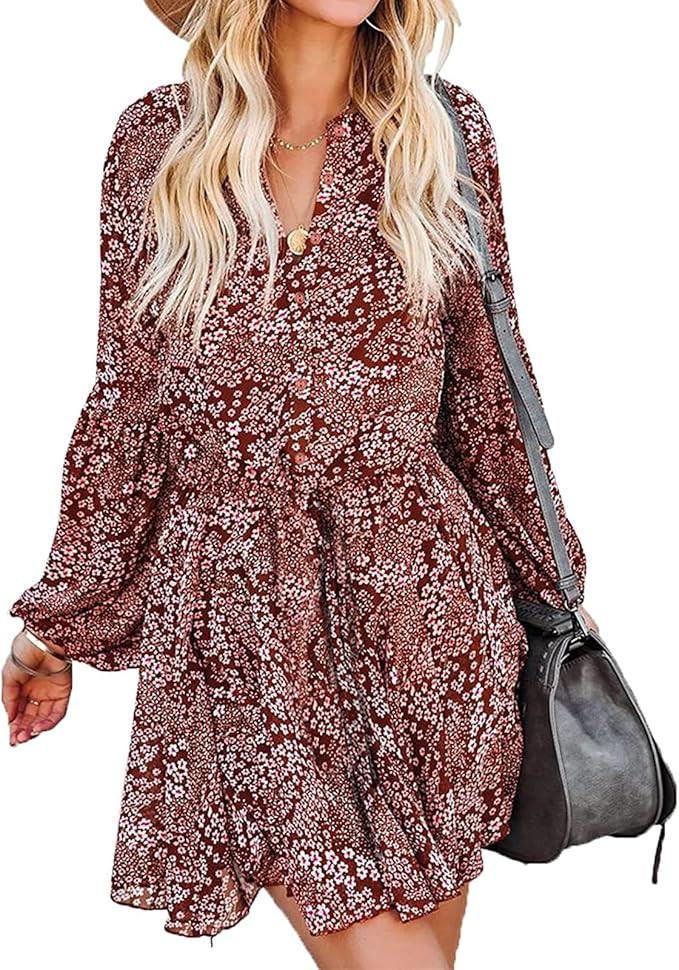 Womens 2023 Spring Summer Boho Long Sleeve Flowy Dresses Floral Button Down Lantern Sleeve Tie Wa... | Amazon (US)