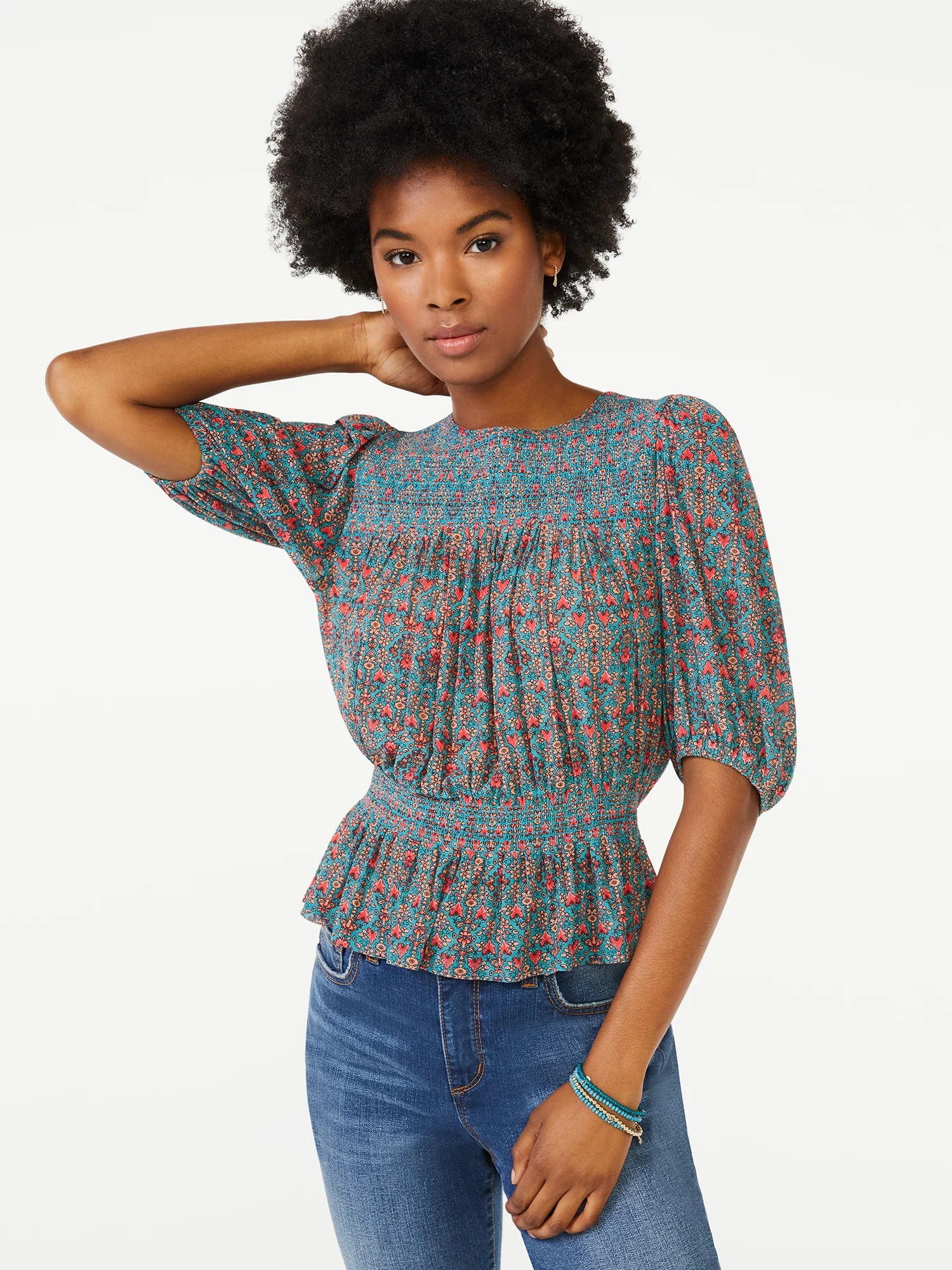 Scoop Women's Puff Sleeve Smocked Peplum Top | Walmart (US)