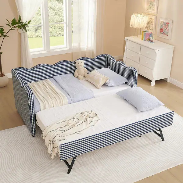 Gingham Upholstered Bed Wave-Shaped Daybed Linen Fabric Sofa Bed with Pop-up Trundle Bed and USB ... | Bed Bath & Beyond