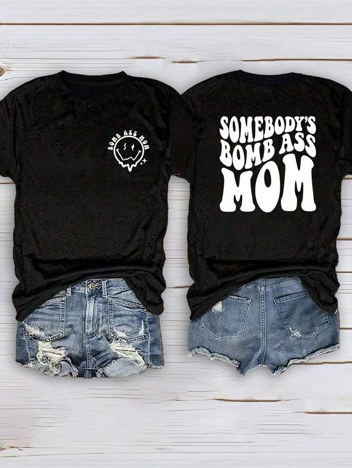 SHEIN LUNE Plus Size Simple Mother's Day Letter Print Casual Short Sleeve T-Shirt SOMEBODY'S BOMB... | SHEIN