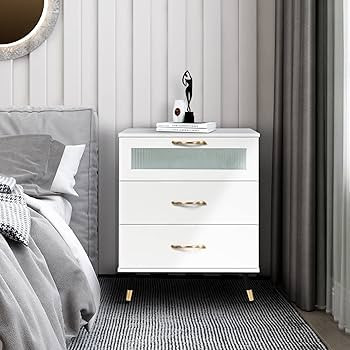 3 Drawer White Nightstand White and Gold End Table Kids Bedroom Dresser Accent Bedside Cabinet Mo... | Amazon (US)
