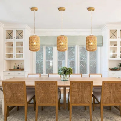 2-Pack Boho Rattan Pendant Light Fixture, Hand-Woven Wicker Chandelier With Hemp Rope For Dining Room Kitchen Island Bedroom Hallway, Hardwired E26 So | Wayfair North America