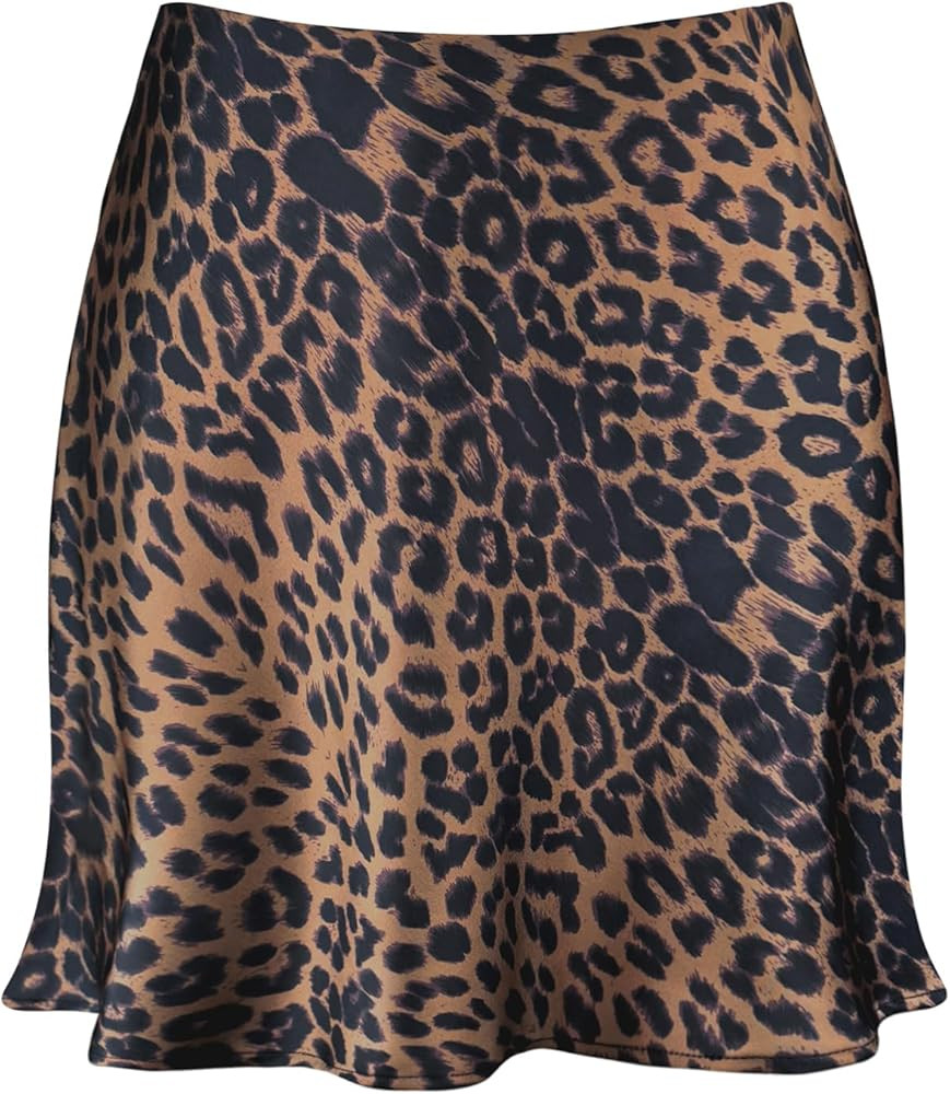 Women's Satin Mini Skirt Leopard Print High Waist Elastic Y2k Cute Silk Short Skirts for Women | Amazon (US)