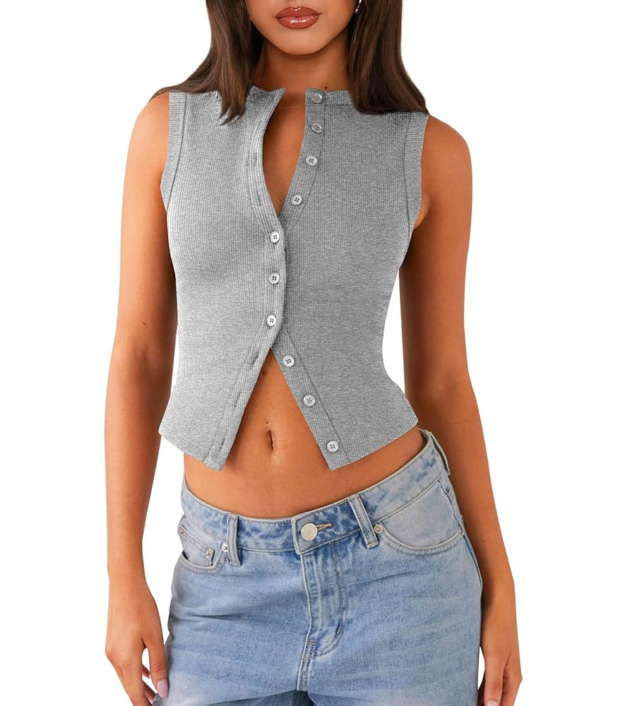 Womens Button Down Tank Top Sleeveless Ribbed Fitted Vest Casual Crewneck Trendy Y2K Going Out Cr... | Amazon (US)