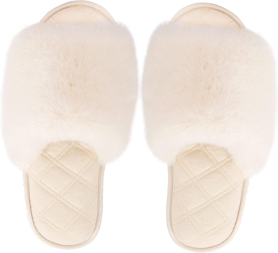 Women's Fuzzy Fur Slippers Soft Comfy Open Toe Slide Slippers Cozy Memory Foam Fluffy House Slippers | Amazon (US)