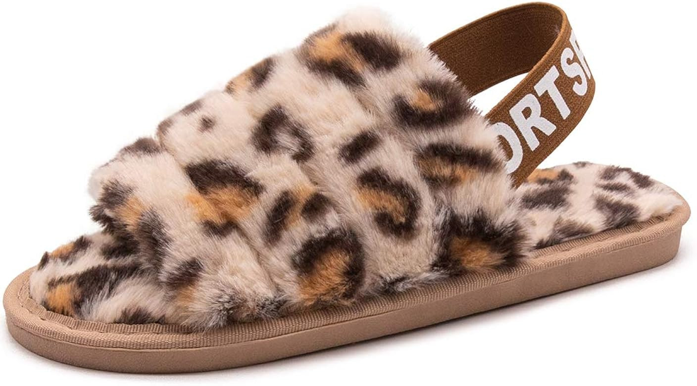 Womens Leopard Fuzzy Slippers Soft Plush Open Toe Faux Fur House Slide Sandals Indoor Spa Bedroom... | Amazon (US)