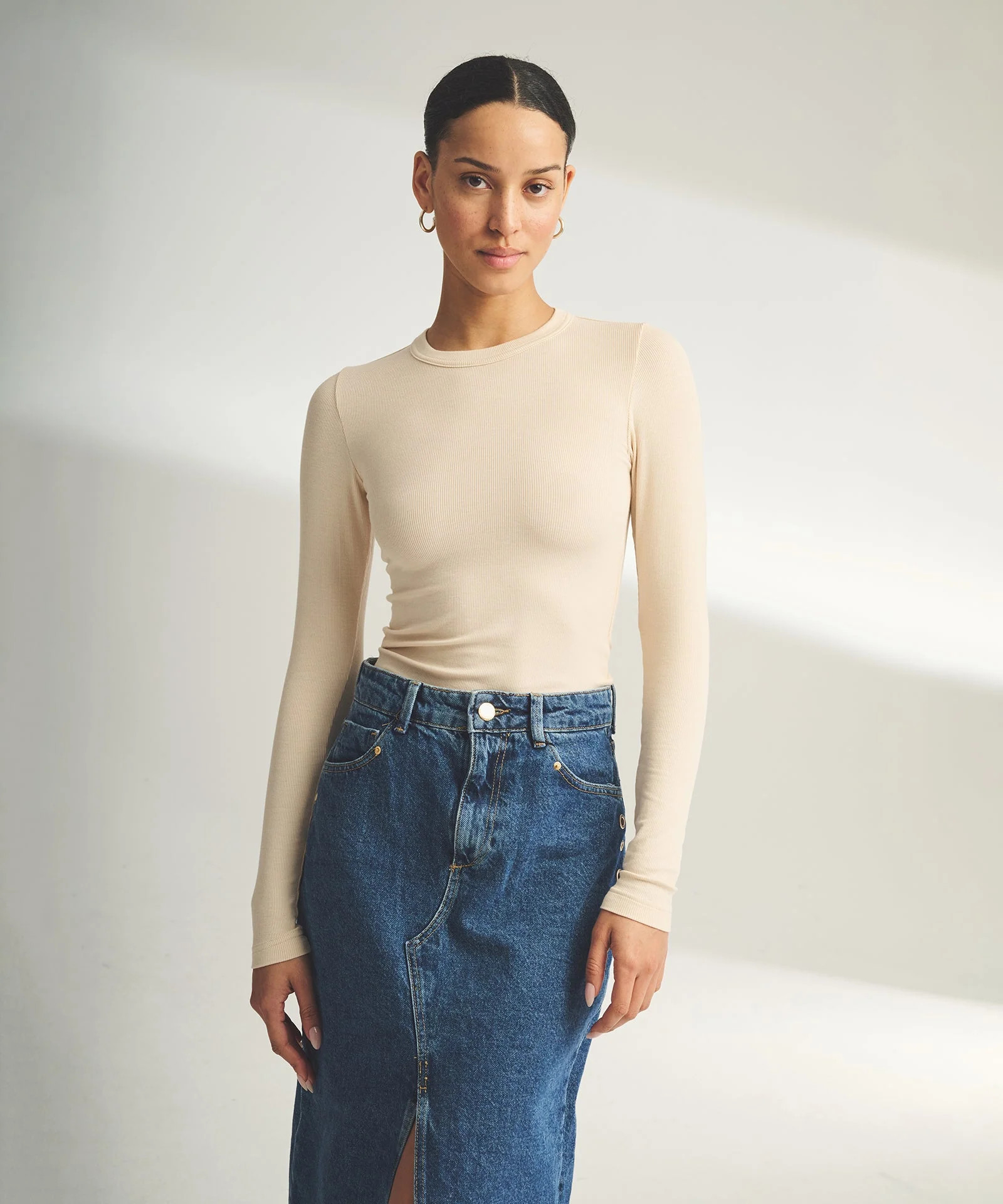 Baby Rib Long Sleeve Tee in Ecru | NAADAM