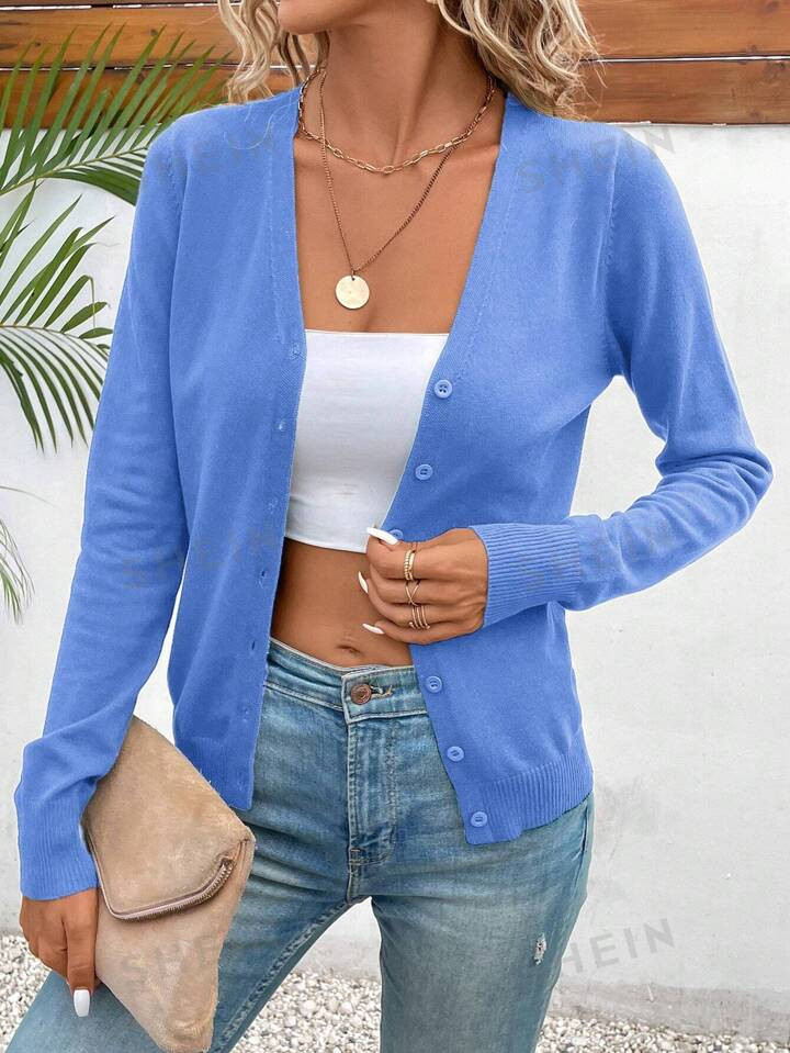 SHEIN LUNE Solid Button Front Cardigan For Spring & Summer | SHEIN USA | SHEIN