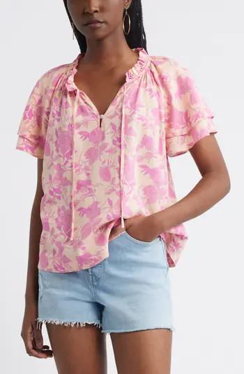 Treasure & Bond Shirred Botanical Print Linen Blend Top | Nordstrom | Nordstrom