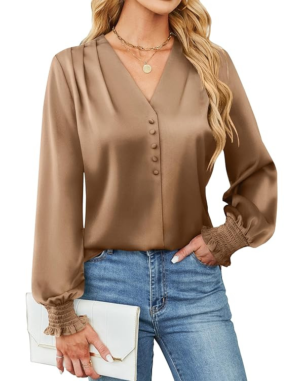 BMJL Women's Blouses Dressy Casual Satin Silk Long Sleeve Shirts Business Casual Tops | Amazon (US)
