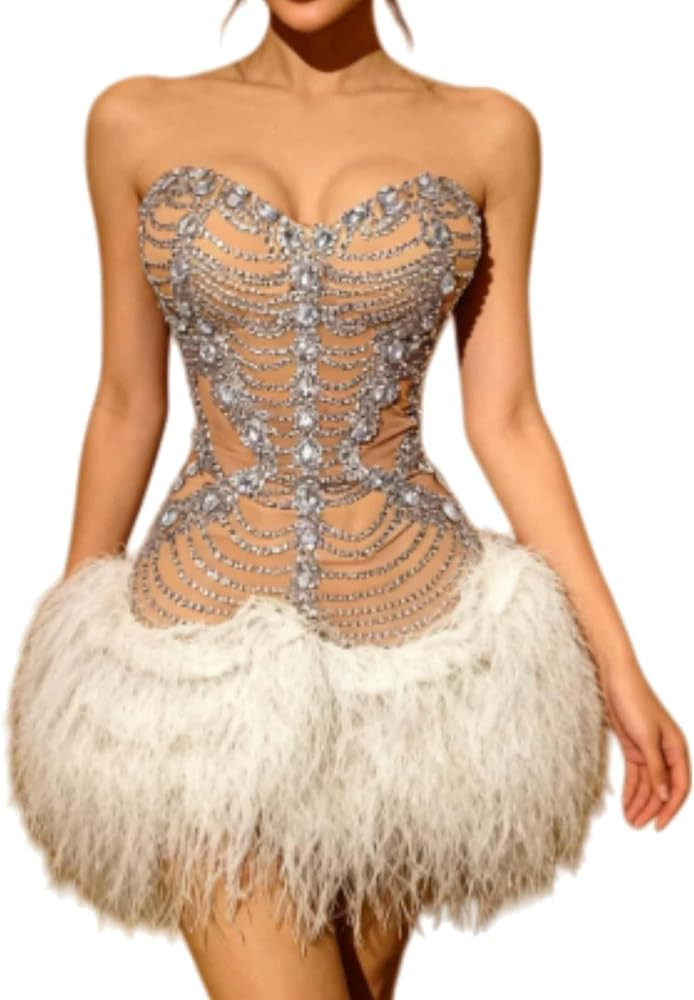 Amazon.com: Women Sparkly Sheer Mesh Cocktail Ball Gowns Luxury Fashion Crystals White Feather Prom Dress for Birthday Party Dresses at Night : Clothing, Shoes & Jewelry | Amazon (US)