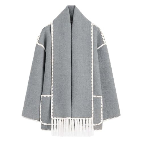 Womens Embroidered Scarf Jacket Oversized Wool Blend Jacket Long Sleeve Button Down Coat Winter Warm Outerwear with Tassel Scarf(04-Grey,S) | Amazon (UK)