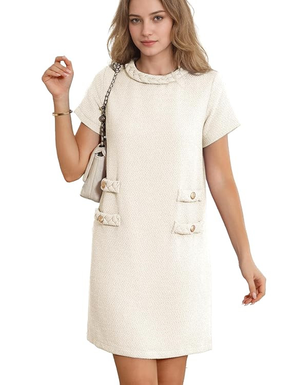 Women's Tweed Dress Short Sleeve Crew Neck A-line Party Vintage Mini Skirt Causal Dresses | Amazon (US)