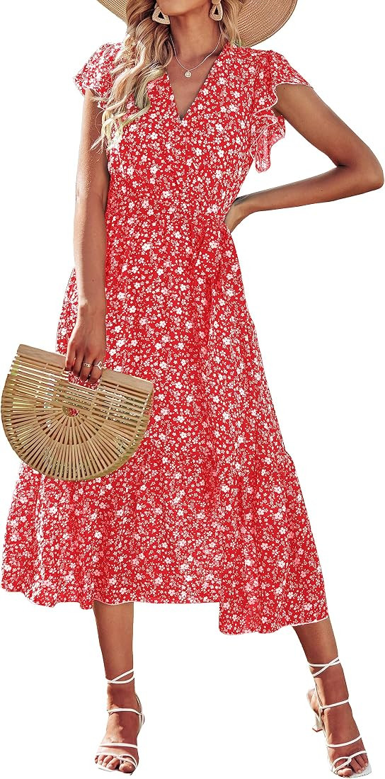 Women Summer Bohemian Floral Casual Wrap V Neck Ruffle Cap Sleeveless Belt A-Line Pleated Hem Swi... | Amazon (US)