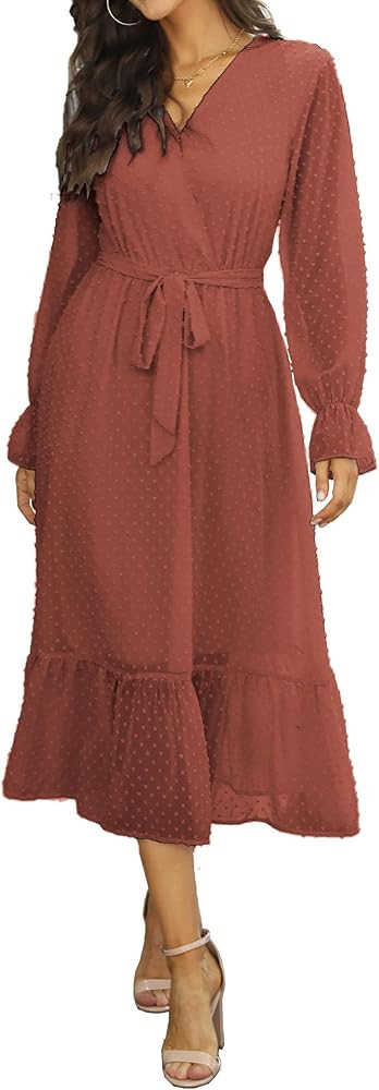 BTFBM Women's Casual Party Summer Fall Dresses 2023 Long Sleeve Wrap V Neck Swiss Dot Swing A-Line M | Amazon (US)