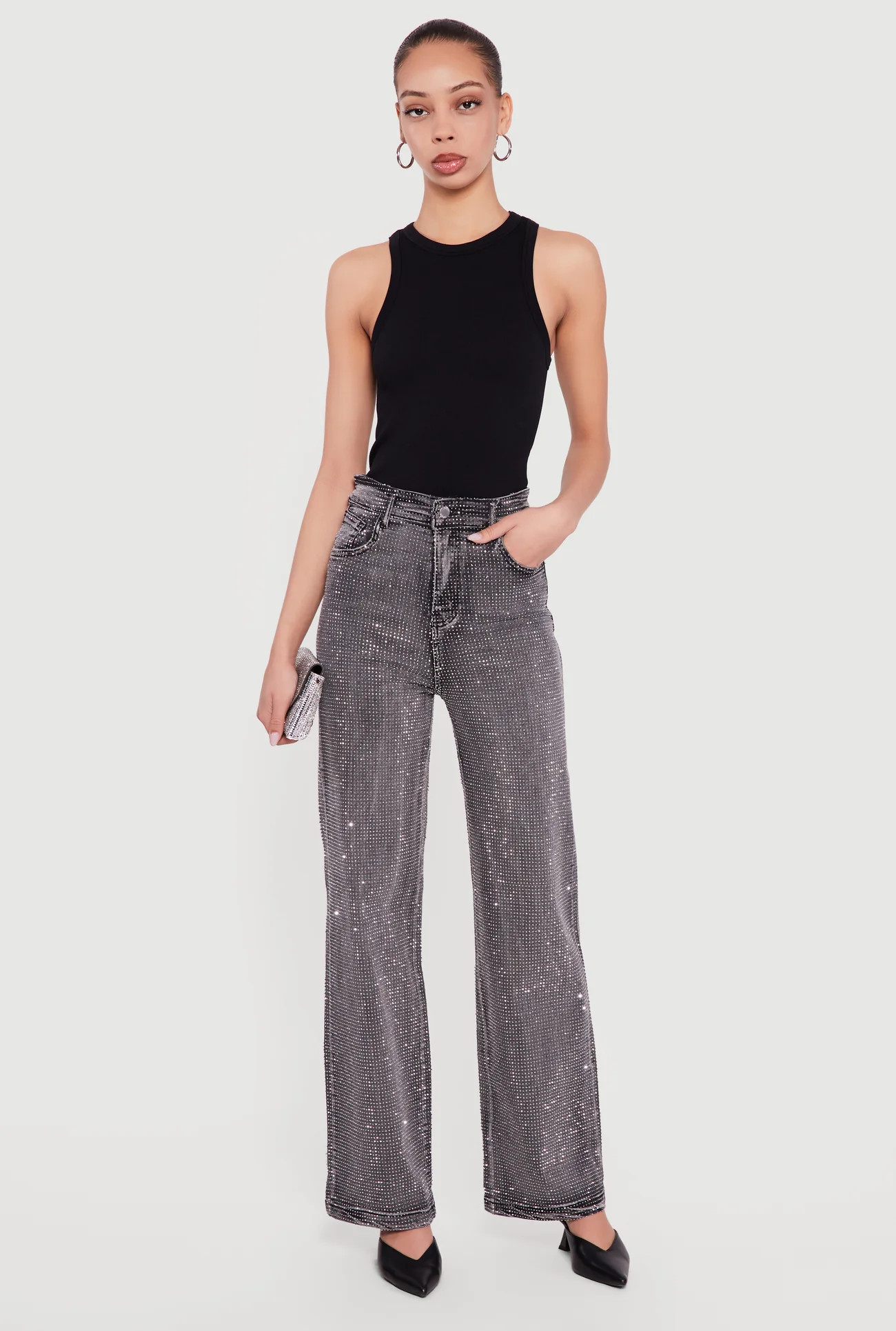 Rhinestone Studded High Waisted Straight Leg Jeans | Rainbow Shops