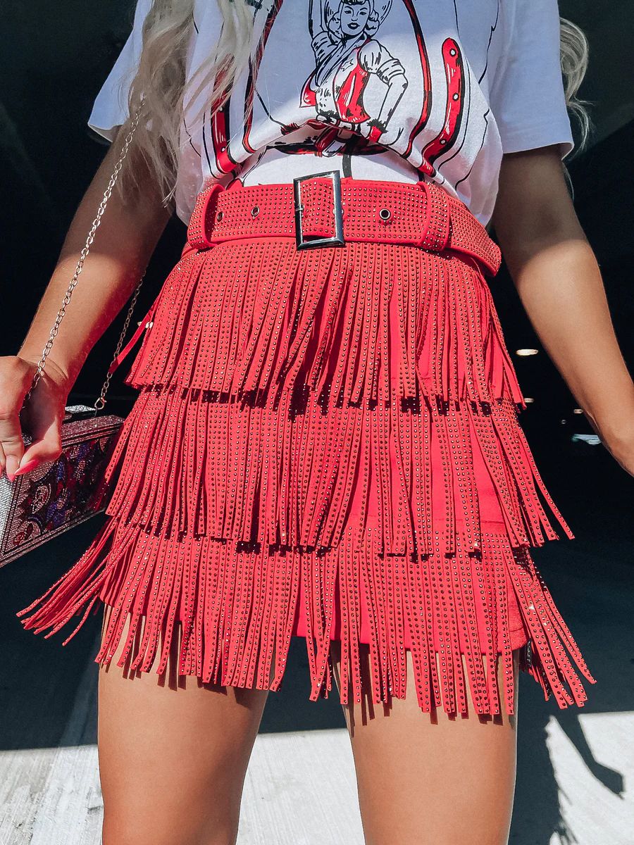 Rhinestone Diva Fringe Mini Skirt - Red | Whiskey Darling Boutique