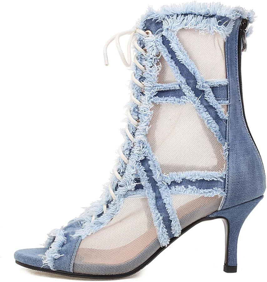 SHEMEE Women's Denim Patchwork Mesh Peep Toe High Heels Sandals Booties Lace Up Summer Open-toe B... | Amazon (US)