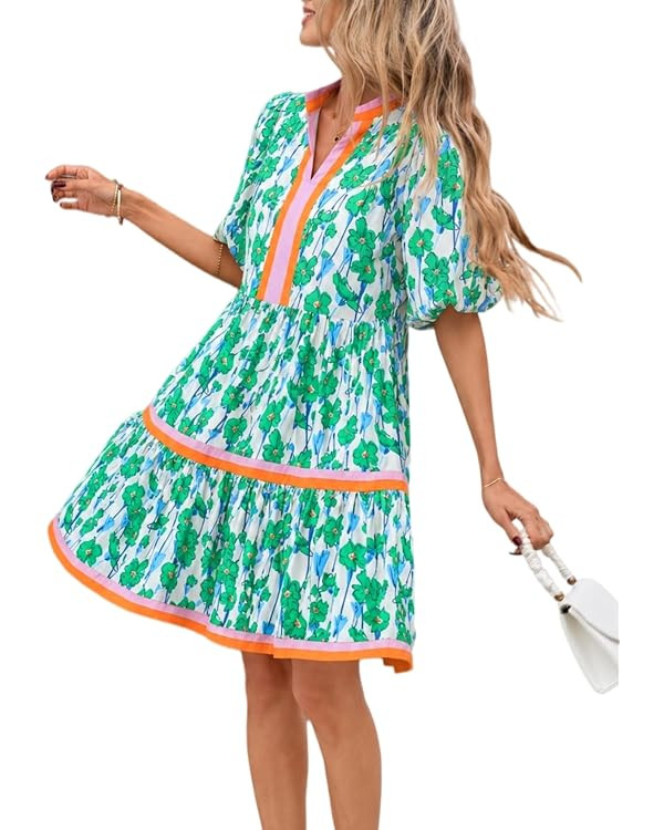 Women Floral Babydoll Mini Dress V Neck Puff Sleeve Striped Color Block Sundress | Amazon (US)