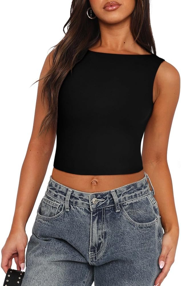REORIA Women's Sexy Open Back High Neck Sleeveless Tank Top Y2k Trendy Backless Crop Tops | Amazon (US)
