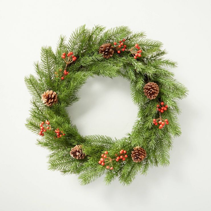 Pine & Winterberry Seasonal Faux Wreath with Pinecones Green/Red/Brown - Hearth & Hand™ with Ma... | Target