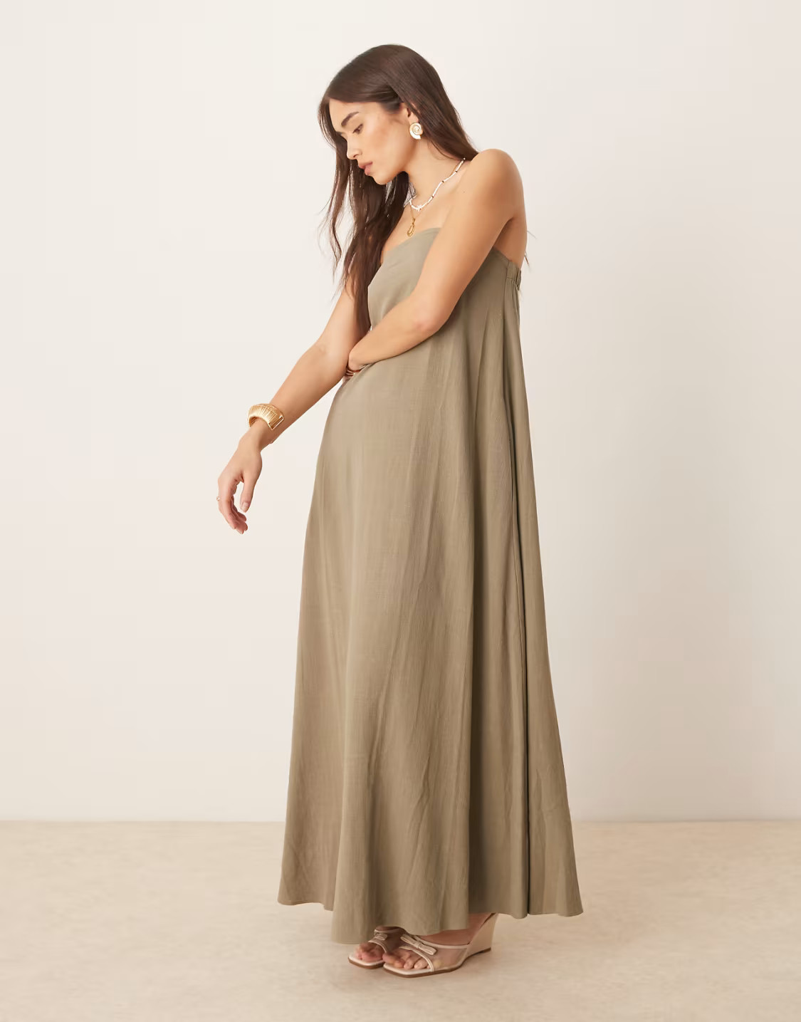 ASOS DESIGN linen look bandeau maxi dress in khaki | ASOS (Global)