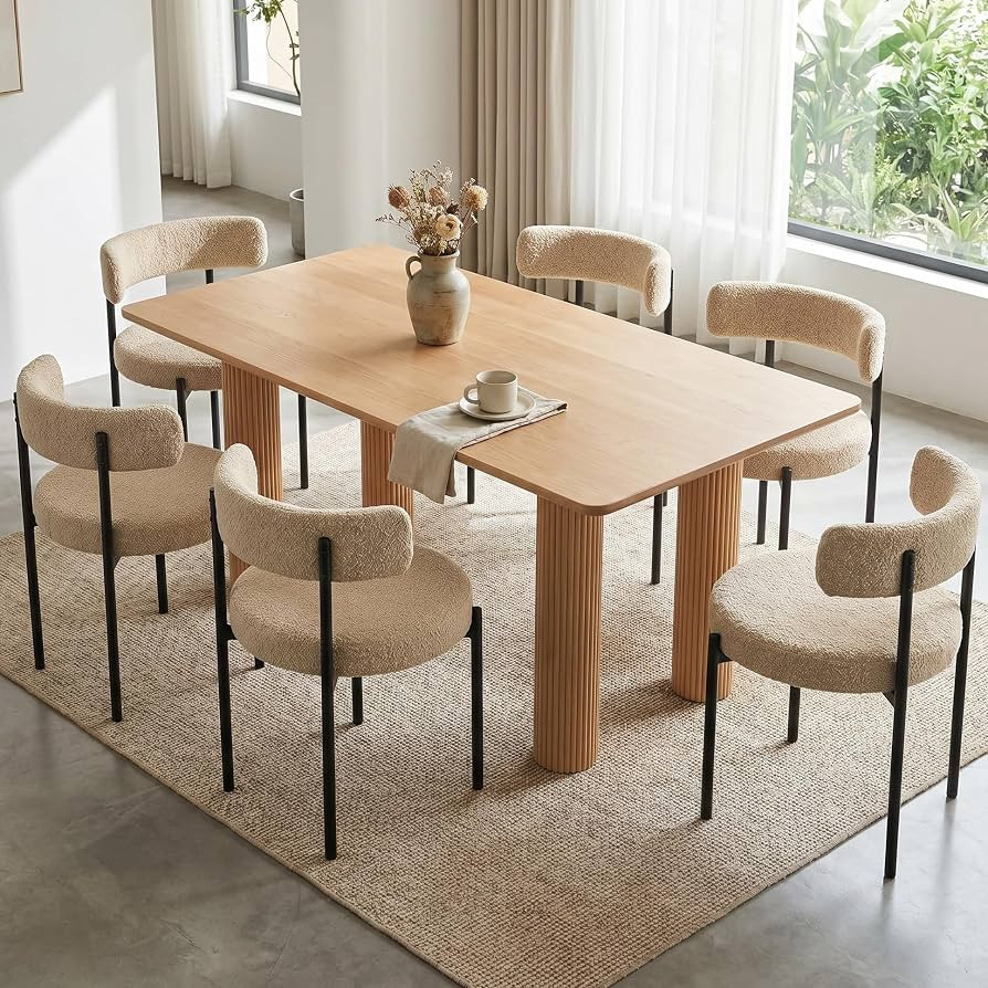Boucle Dining Chairs Set of 6, Beige Dining Chairs with Upholstered Seat and Round Back, Mid-Cent... | Amazon (US)