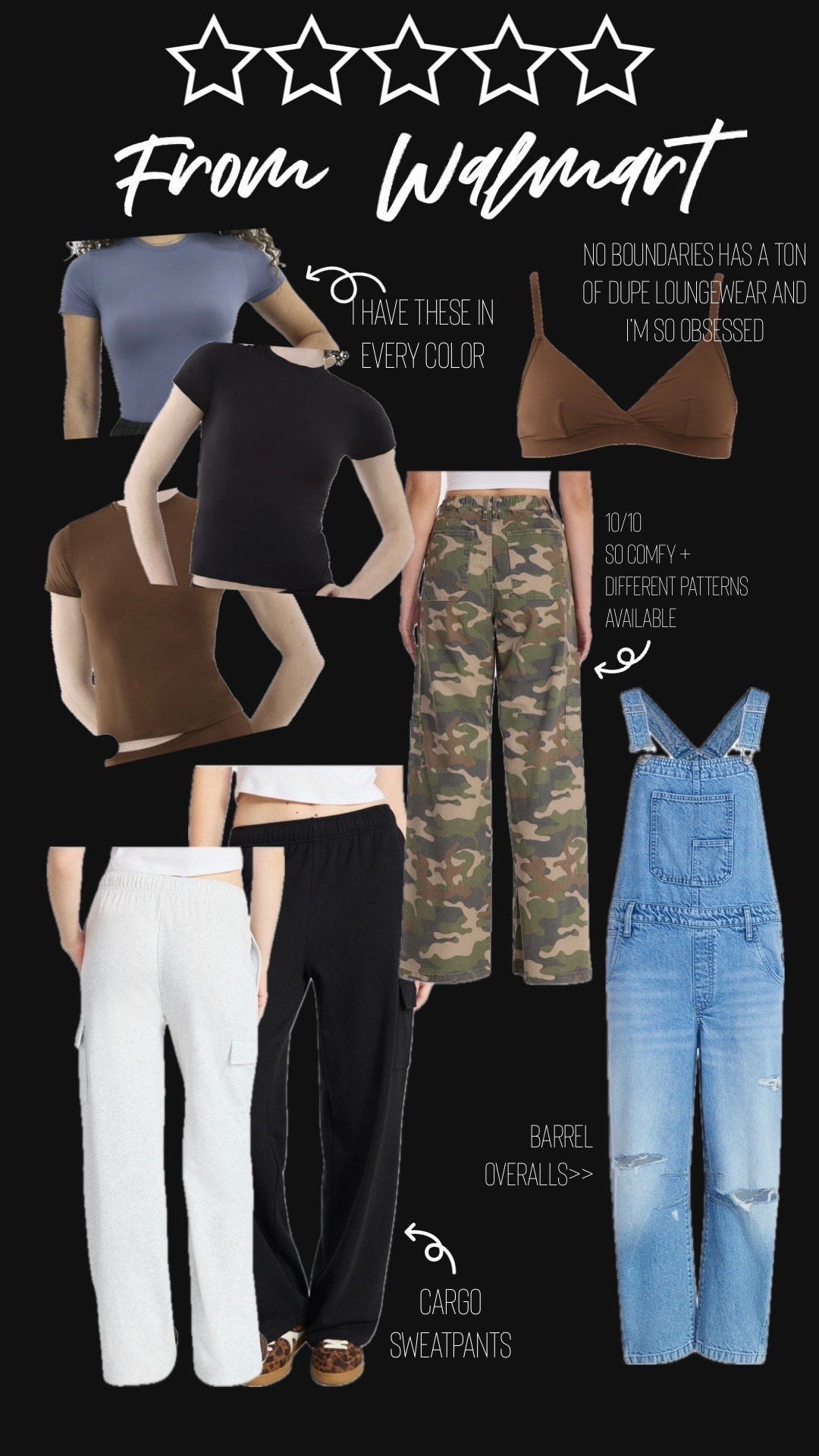 My all time favs from Walmart that I would buy over and over!

Skims dupe, barrel jeans, overalls, cargo pants, cargo sweatpants
