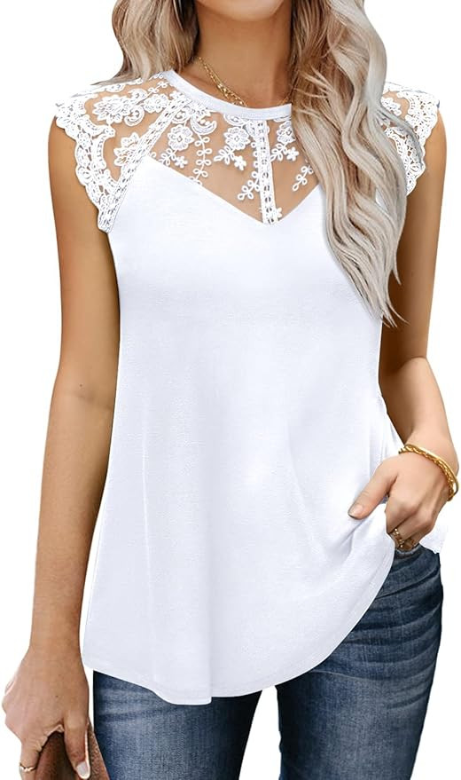 MIHOLL Women's Sleeveless Tops Lace Floral Casual Loose Blouses Tank Shirts | Amazon (US)