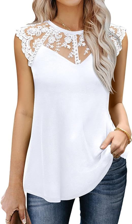MIHOLL Women's Sleeveless Tops Lace Floral Casual Loose Blouses Tank Shirts | Amazon (US)