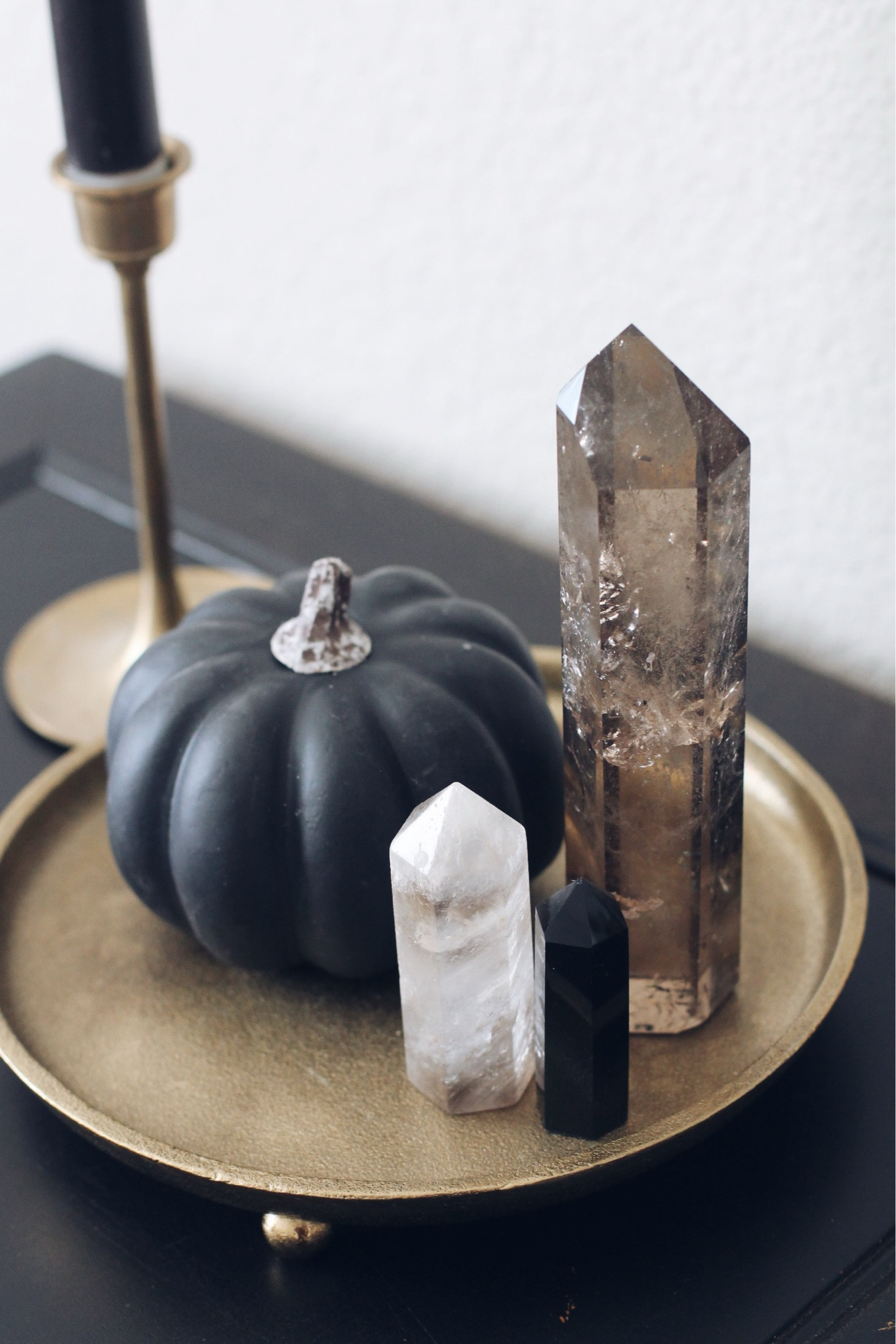 Halloween decor
Black pumpkin 
Crystals and stones
Quartz
Smoky Quartz 
Gold tray
Candles 
Modern neutral home decor


#LTKhome #LTKHoliday #LTKHalloween