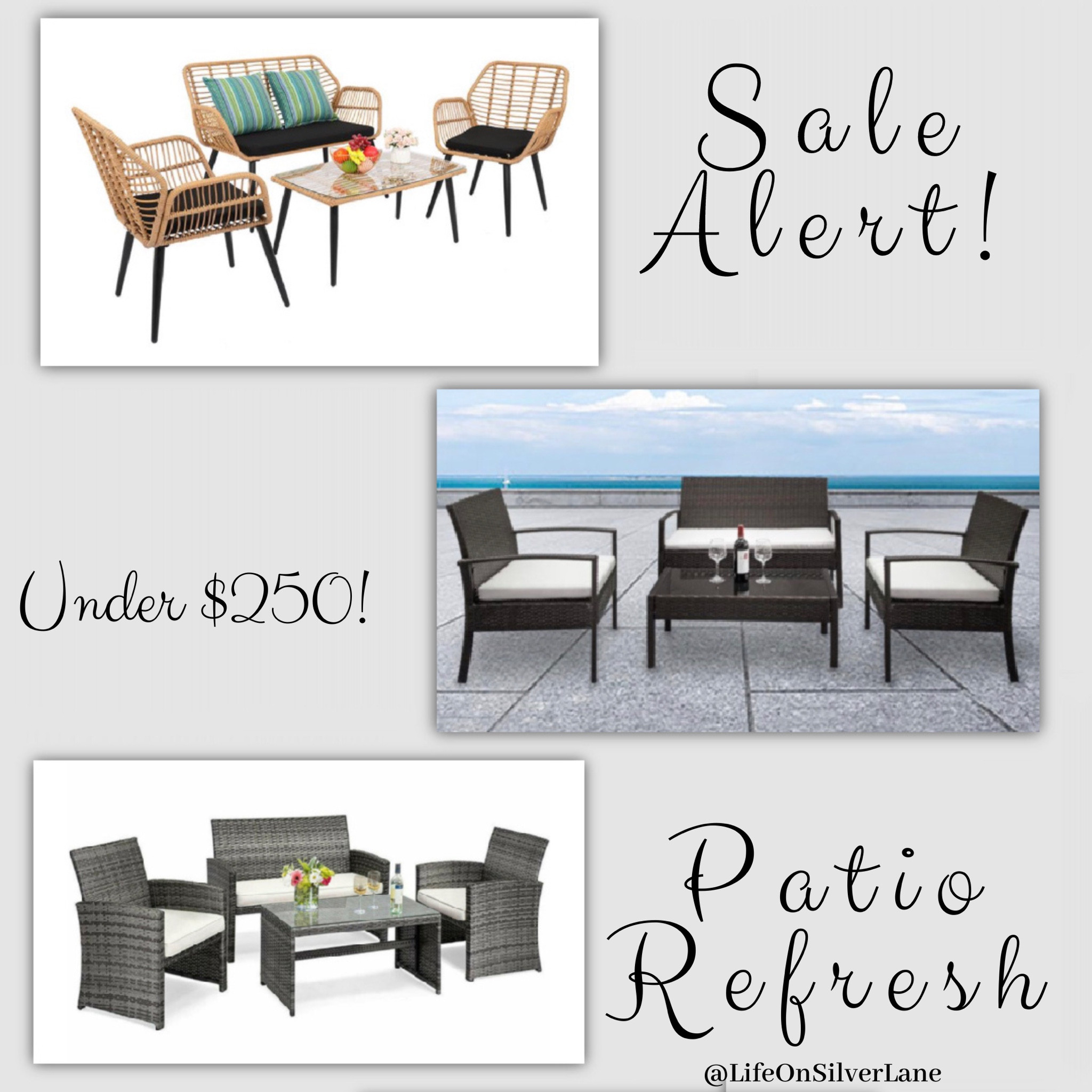 ~Sale Alert~
These 4 piece patio sets are all on sale under $250! Don’t sit on these deals or you won’t be sitting in these chairs!
#salealert #outdoordecor #outdoorliving #patio #porch #patiofurniture #patiochairs #LTKspring #LTKsalealert #lifeonsilverlane

#LTKhome #LTKSeasonal #LTKSale
