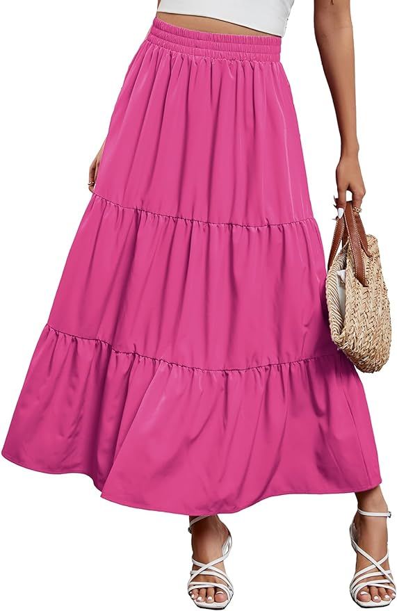 Arolina Maxi Skirt for Women Summer Boho Elastic High Waist Pleated A-Line Flowy Ruffle Swing Tie... | Amazon (US)
