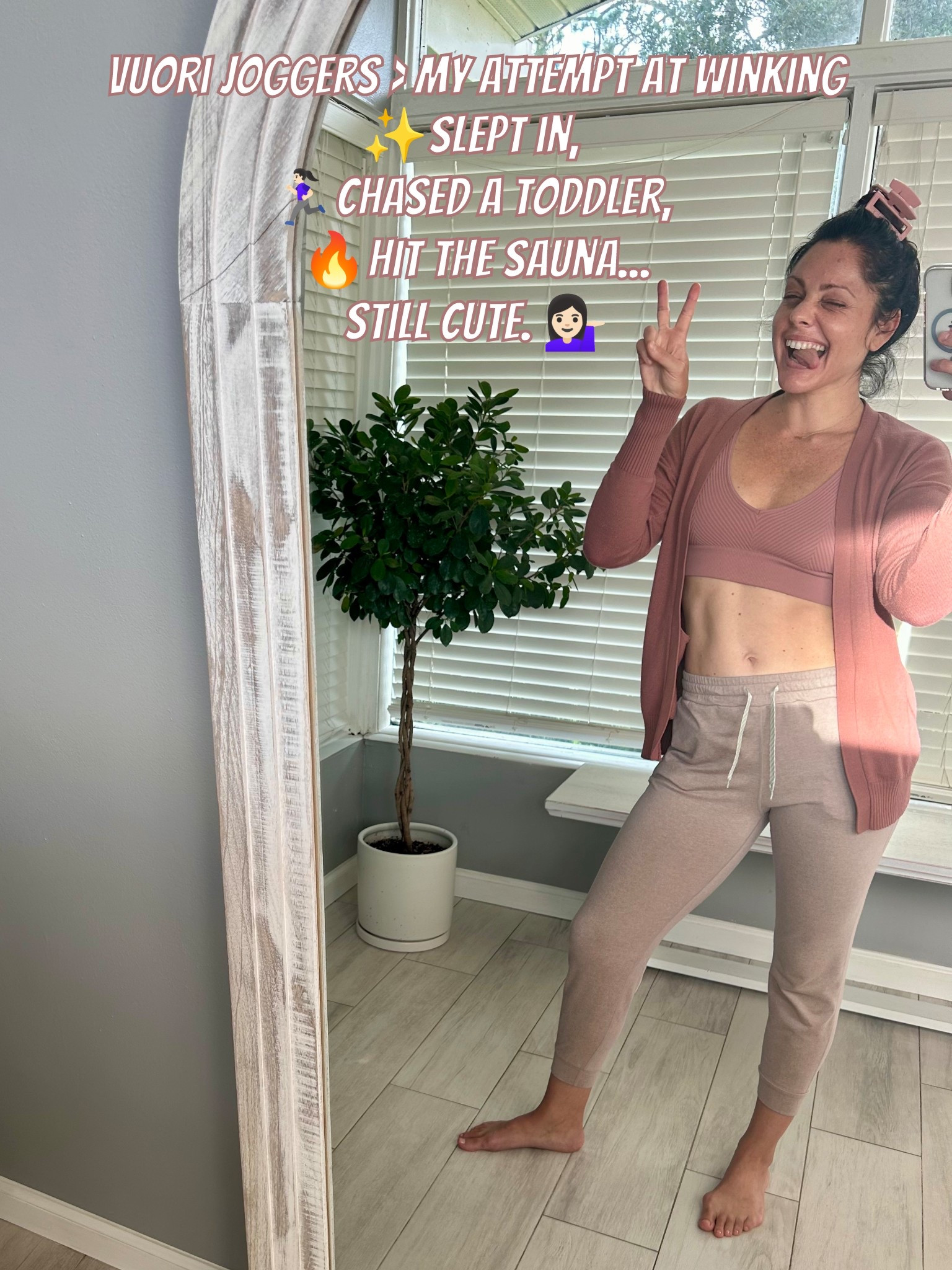 These Vuori joggers > my attempt at winking 😅
✨ Slept in them, chased a toddler, hit the sauna, photo op in my fave cozy corner and still somehow pulled together. Add the matching hoodie for my fave pajama set! 
Wearing a small & 10/10 recommend for mom life done cute.

#LTKActive #LTKHome #LTKFindsUnder100