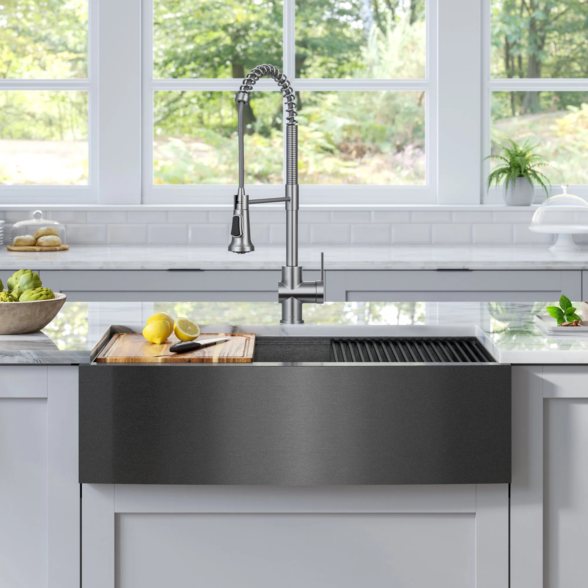 KRAUS Kore™ Workstation 33" L Farmhouse Apron Front 16 Gauge Black Stainless Steel Single Bowl Kitchen Sink | Wayfair North America