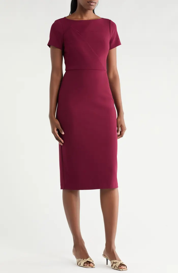 Short Sleeve Stretch Crepe Midi Sheath Dress | Nordstrom Rack