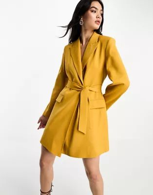 & Other Stories wool blend tie waist blazer mini dress in mustard | ASOS (Global)
