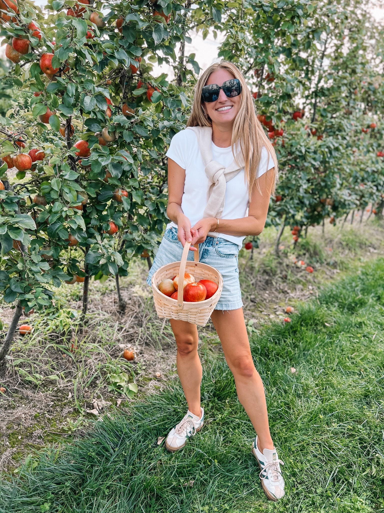 Easy fall outfit for apple picking: shorts and a white tee, paired with sneakers and a sweater 