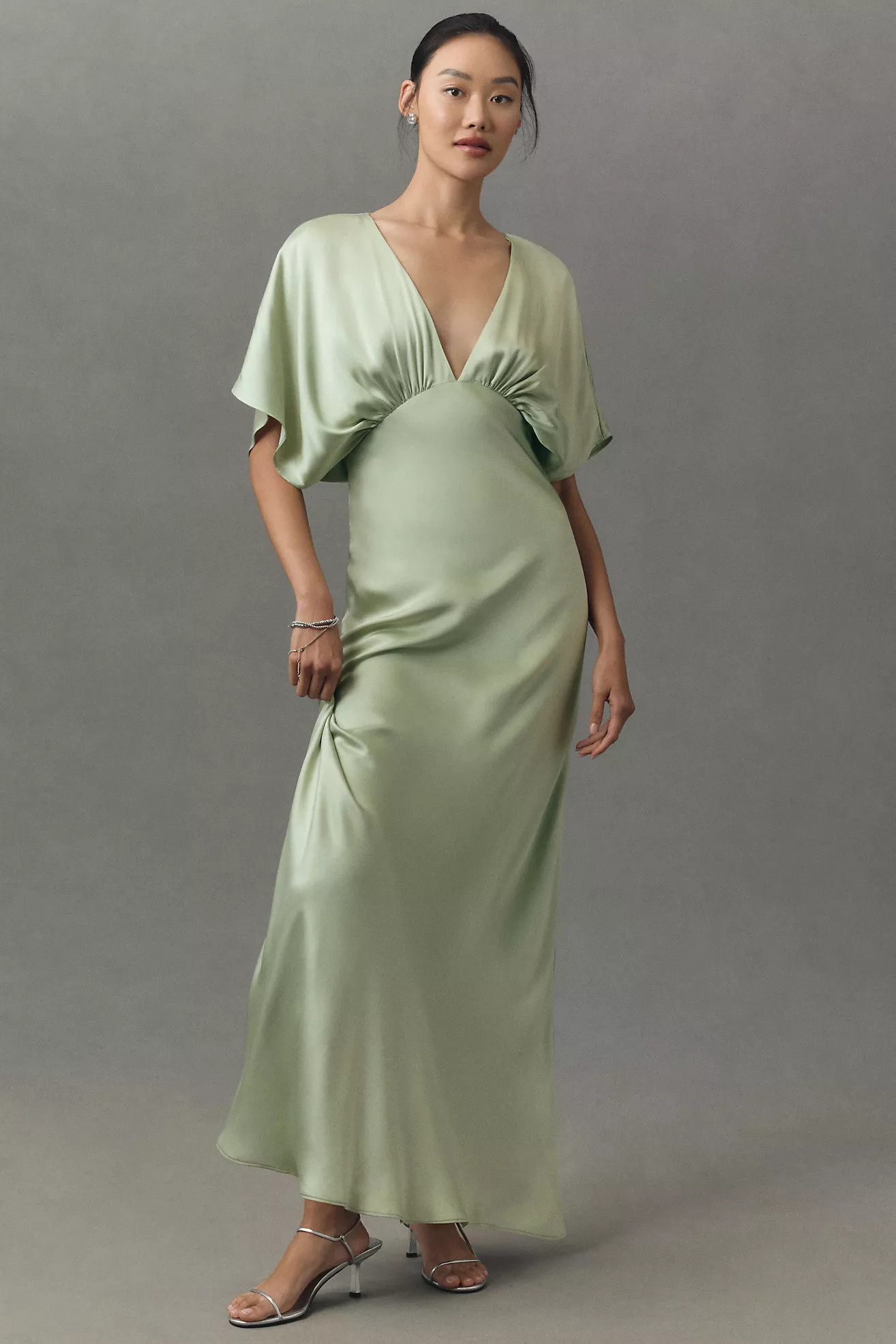 BHLDN Amelia Deep-V Flutter-Sleeve Satin A-Line Gown | Anthropologie (US)