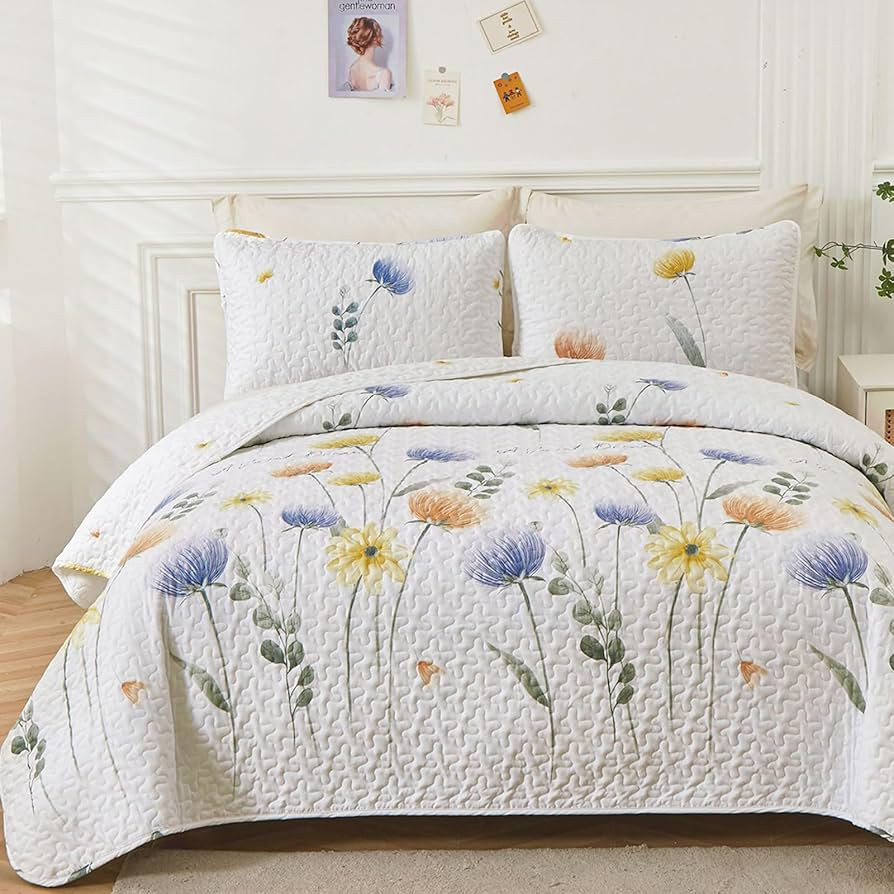 Dinjoy Floral Quilt Set Queen 3 Pieces Blue & Yellow Quilts Bedding Set Bohemian Bedspread Bed Co... | Amazon (US)