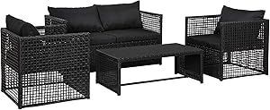 WO Outdoor Wicker Rattan Furniture 4 PCS Set Black Woven Table Chairs Set w Cushions & Back Suppo... | Amazon (US)