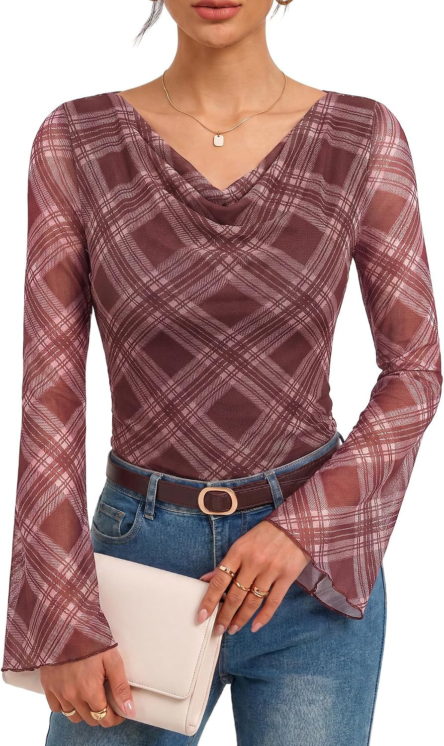 GRACE KARIN Women Boho Mesh Blouses Dressy Casual Cowl Neck Going Out Tops | Amazon (US)