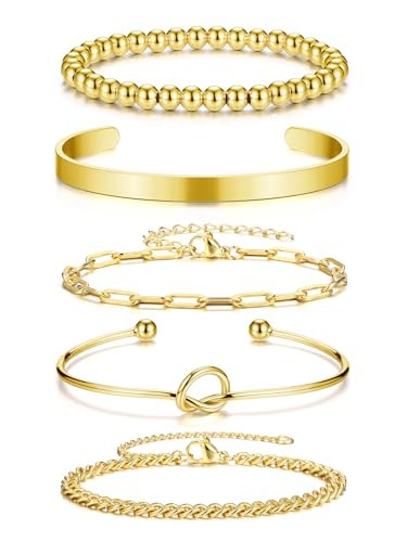 PiercingJ Stackable Bracelet Set for Women Dainty Gold Beaded Chain Cuban Link Bracelets Layered Paperclip Love Knot Cuff Bangle Pulsera Jewelry | Amazon (US)
