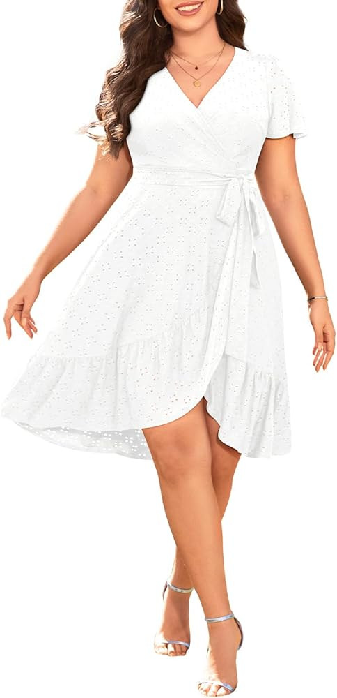 Plus Size Wedding Guest Dress - Summer Semi Formal Midi Eyelet Short Sleeve Wrap V Neck Belted A ... | Amazon (US)