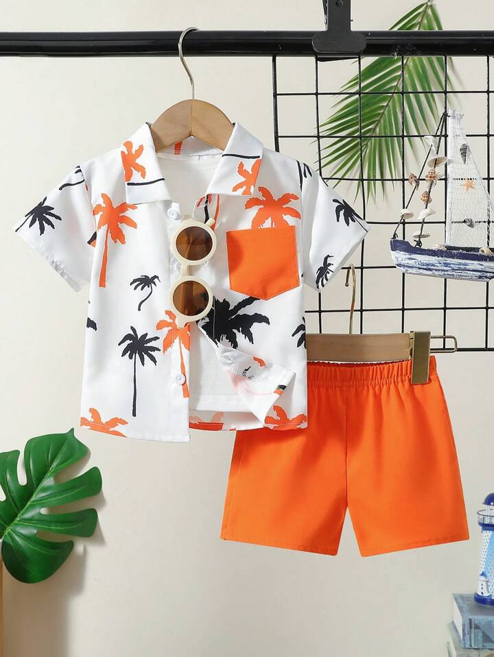 Baby Boys' Casual Coconut Tree Print Short Sleeve Shirt And Shorts Set, Perfect For Holiday Summe... | SHEIN