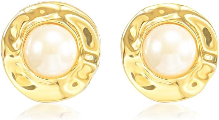 Pearl Stud Earrings for Women, Faux Large Gold Pearl Earrings Studs, Dainty White Big Pearl Earri... | Amazon (US)